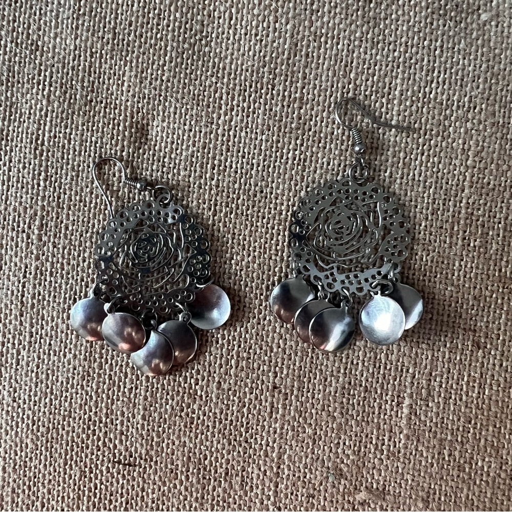 Silver tone laser cut rose flower dangle fan statement earrings large shiny
